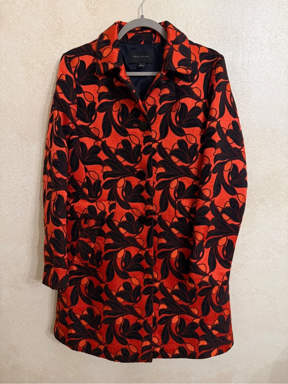Ann Taylor Red and Black Patterned Pea Coat